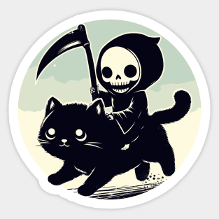 Kawaii Grim Reaper Riding on Black Cat Sticker